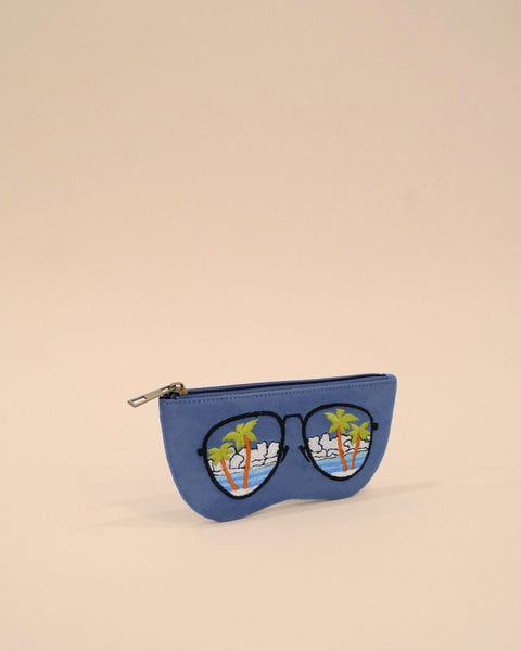 Blue tropical sunglass cover with palm tree and ocean embroidery, handmade pouch for eyewear and small travel accessories.