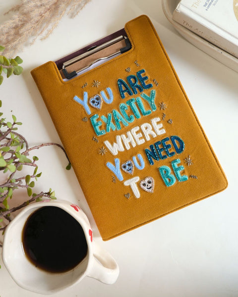 mustard yellow beaded notebook holder