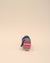 Bright striped sunglass case with navy, pink, orange, yellow, and white embroidery, handmade eyewear cover with strap.