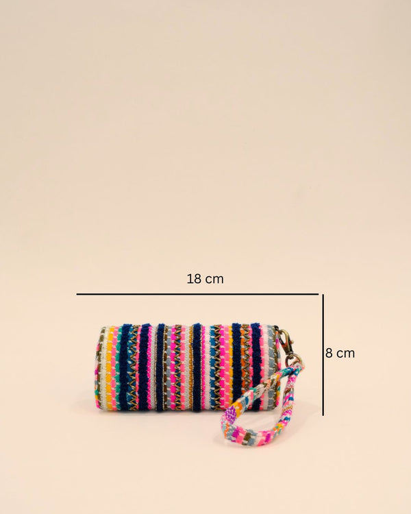 Cylindrical sunglass cover with a wrist strap, designed with colorful woven stripes in pink, blue, yellow, and metallic accents for a bold and stylish look.