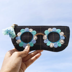 branded sunglasses case, shades case, sunglasses cover box, "Indian embroidered specs pouch with beads - perfect return favor gift"