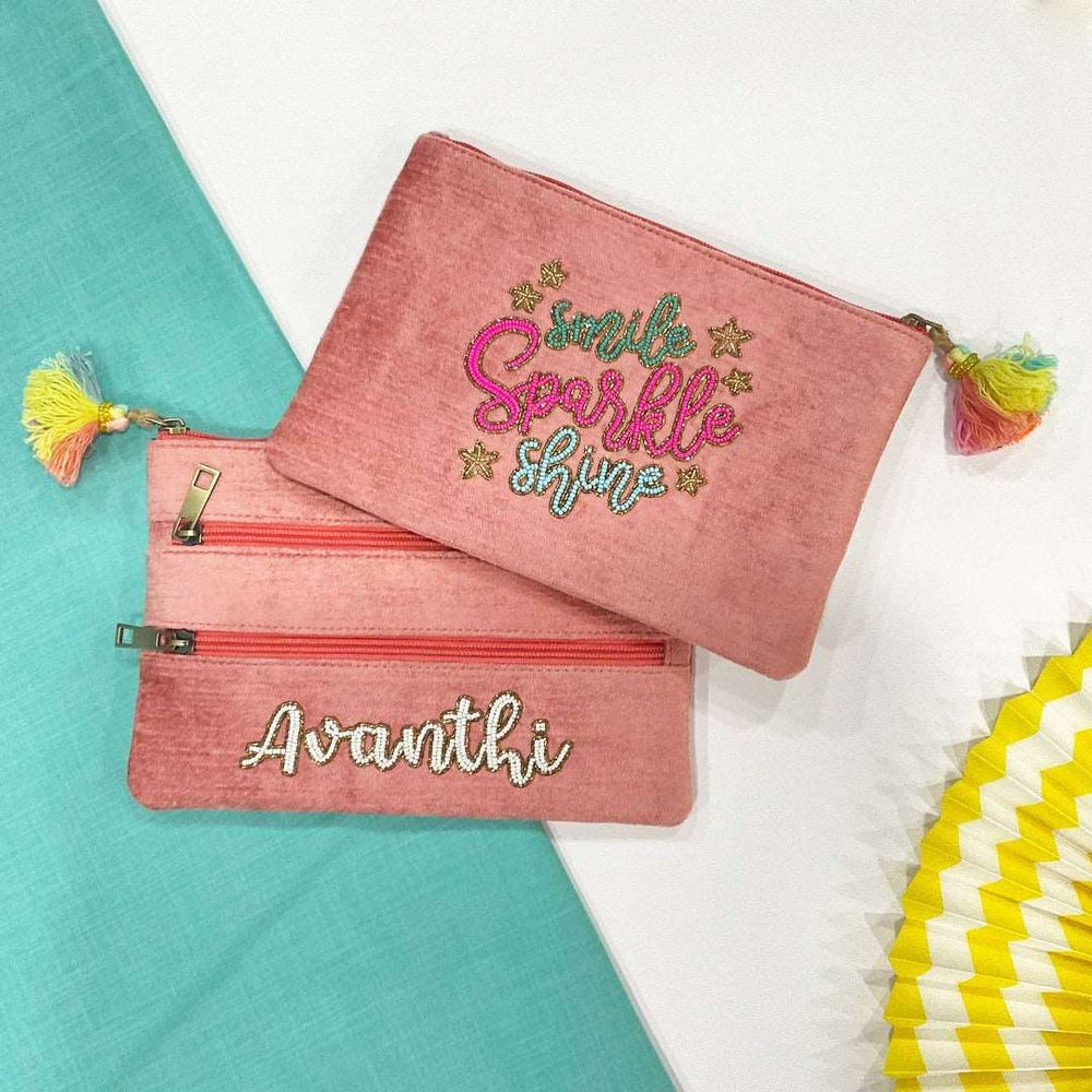 Personalized Namepouch Both Side Embroidered - Pink Velvet