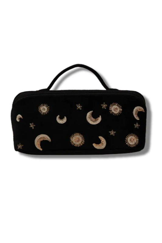 Black pouch with celestial designs on a white background