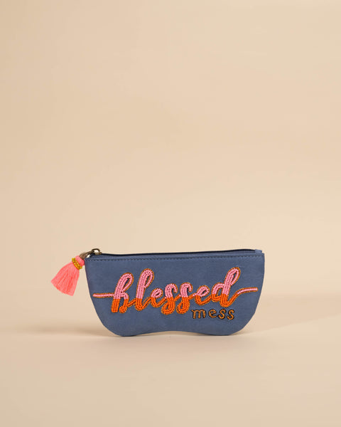 Blessed quote sunglass cover – handmade embroidered specs case with zip closure.