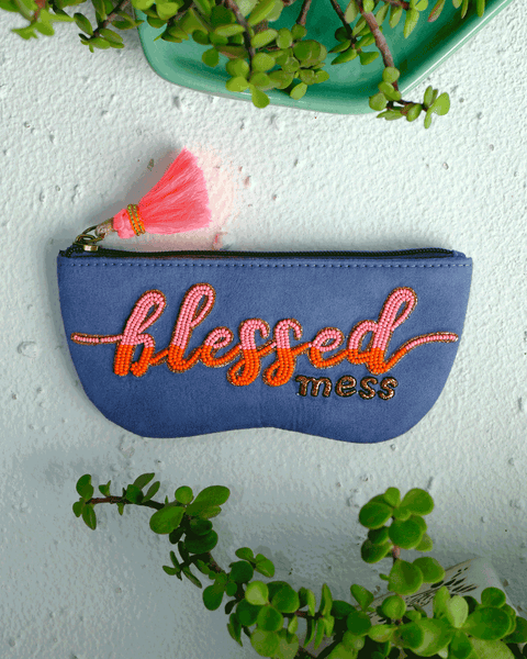 Blessed quote sunglass cover – handmade embroidered specs case with zip closure.