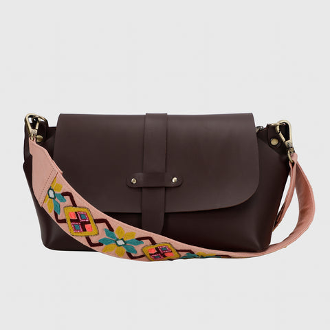 SLING BAG BROWN WITH BOHOME EMBROIDERED STRAP