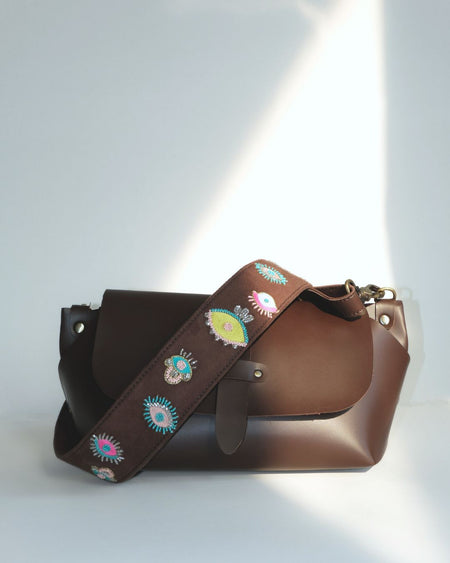 EVIL EYE STRAP SLING BAG- Brown  (WITH EMBROIDERED HANDLE)