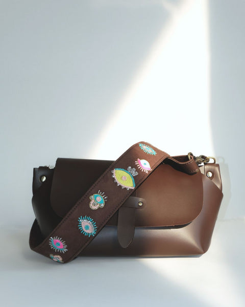 EVIL EYE STRAP SLING BAG- Brown  (WITH EMBROIDERED HANDLE)