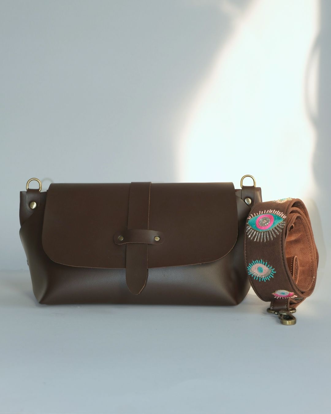 EVIL EYE STRAP SLING BAG- Brown  (WITH EMBROIDERED HANDLE)