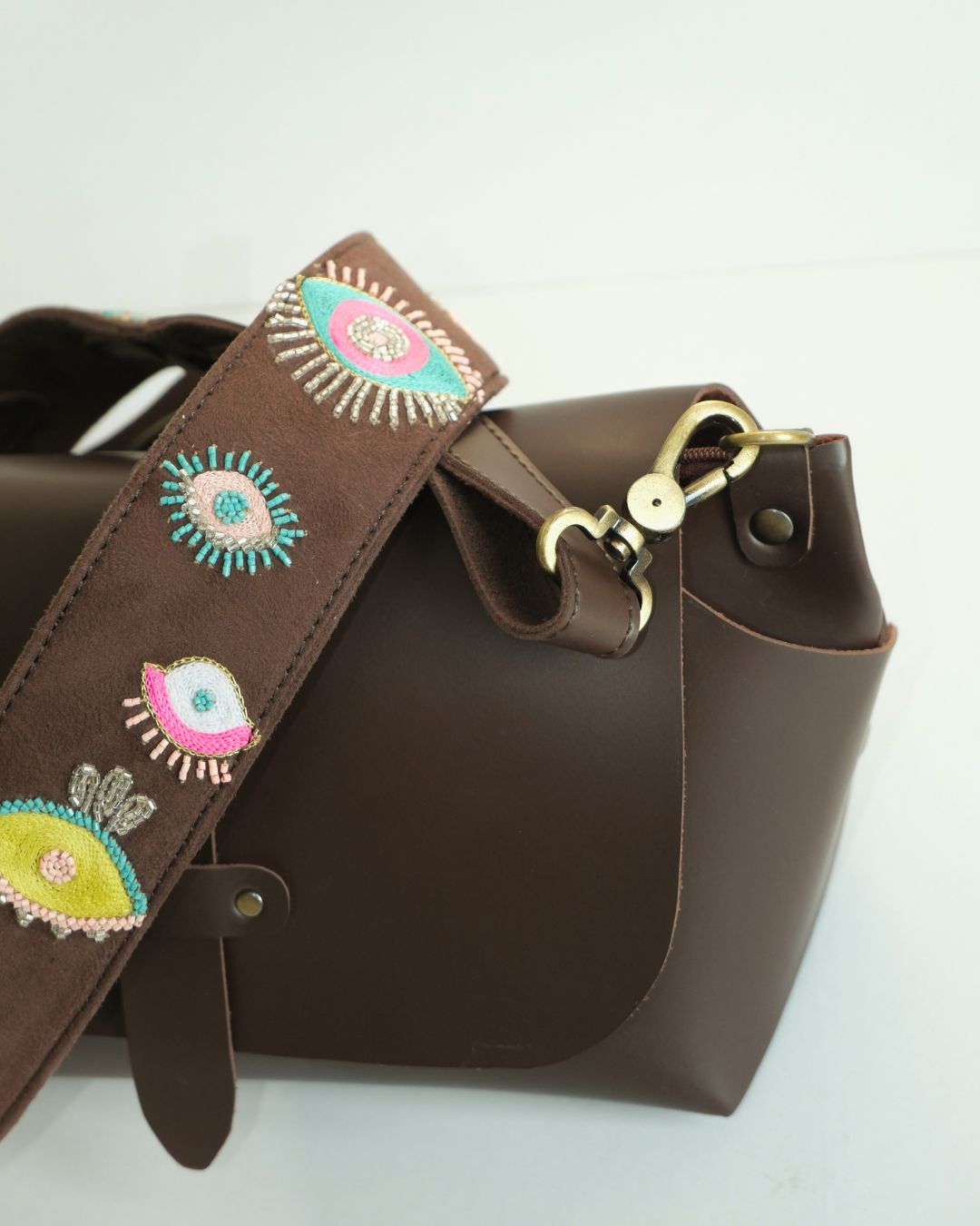 EVIL EYE STRAP SLING BAG- Brown  (WITH EMBROIDERED HANDLE)