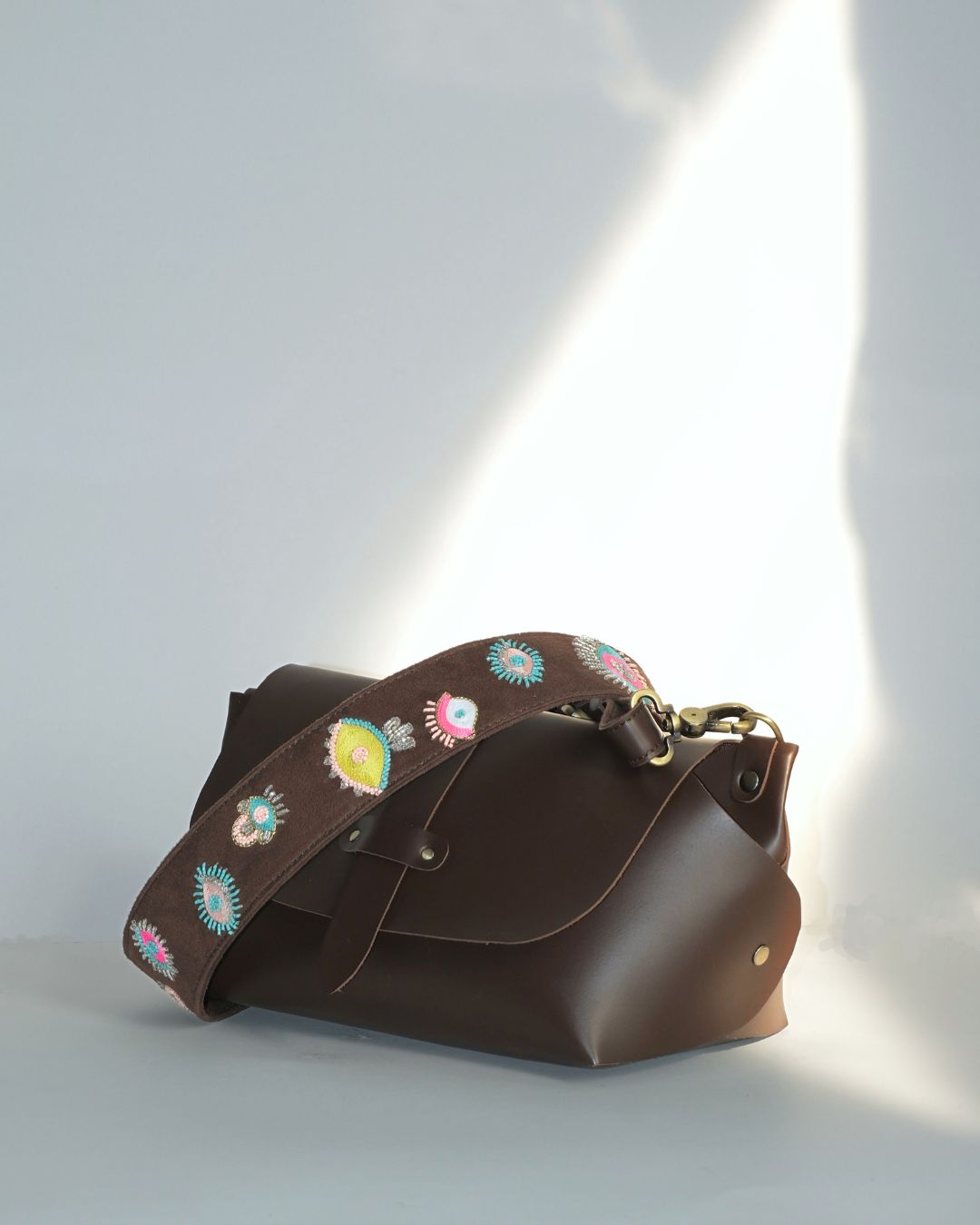 EVIL EYE STRAP SLING BAG- Brown  (WITH EMBROIDERED HANDLE)