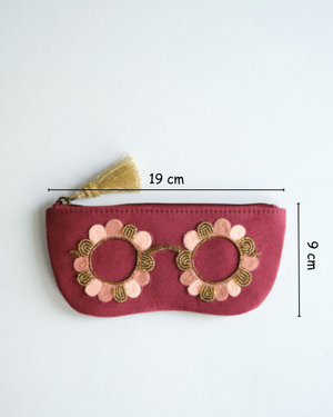 Pink Clara M embroidered chashma cover – handmade spectacle pouch with detailed floral threadwork