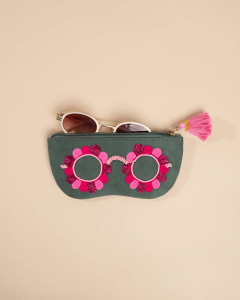 Quirky pink glasses pouch with detailed floral threadwork – handmade Clara Pink sunglass cover