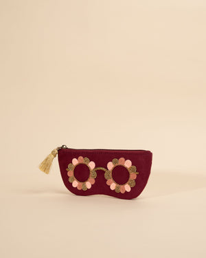 Hand-embroidered sunglass cover in pink with floral artwork – Clara Pink collection by Desi Drama Queen