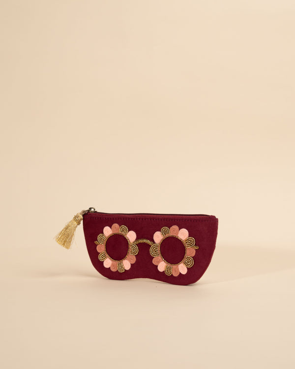 Hand-embroidered sunglass cover in pink with floral artwork – Clara Pink collection by Desi Drama Queen