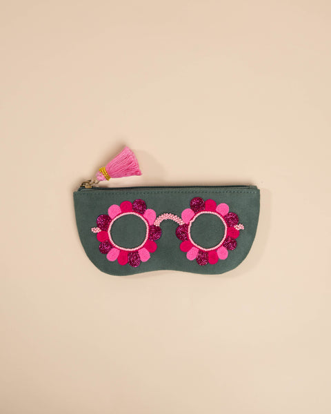 Hand-embroidered sunglass cover in pink with floral artwork – Clara Pink collection by Desi Drama Queen