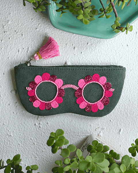 Handcrafted Clara Pink specs pouch – floral threadwork and embroidery, cotton fabric, made in India
