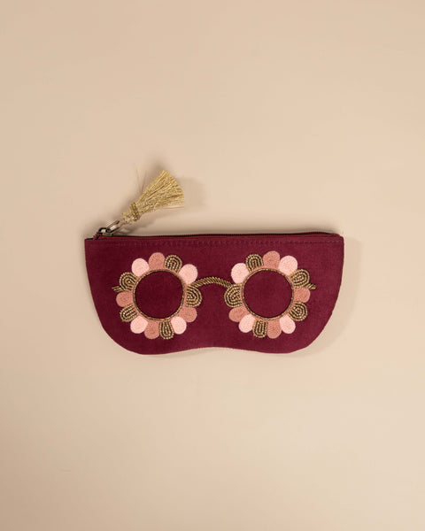 Quirky pink glasses pouch with detailed floral threadwork – handmade Clara Pink sunglass cover