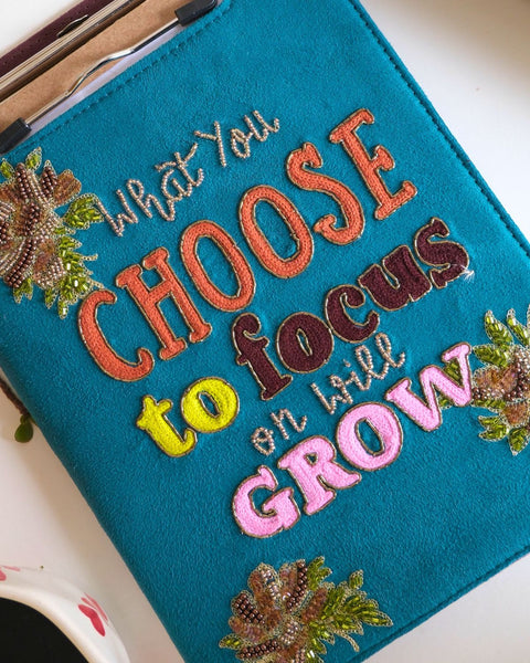 handmade embroidered teal clipboard journal cover with beaded floral accents