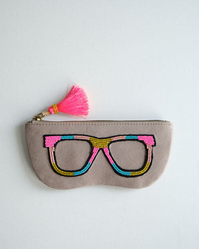 Soft embroidered spectacle pouch in grey – multi-color design, handcrafted and trendy