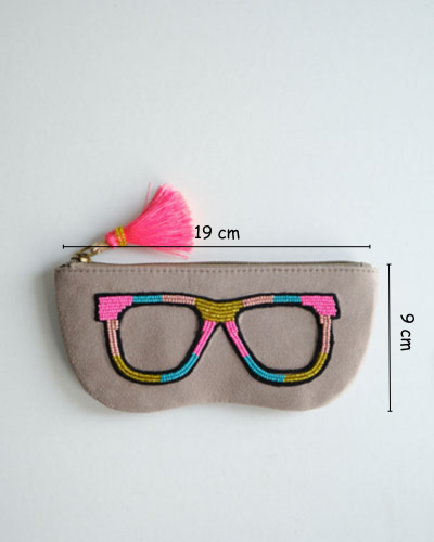 Grey chashma cover with vibrant hand embroidery – stylish sunglass pouch for daily use