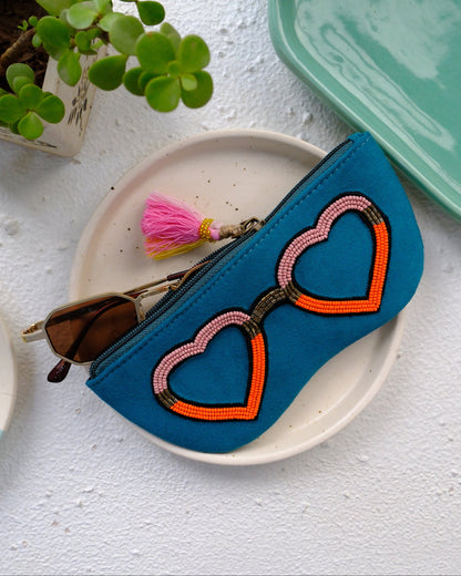 Hand-embroidered turquoise spectacle pouch – made in India with soft fabric

