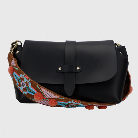 SLING BAG BLACK WITH HARMONY TAN EMBROIDERED STRAP
