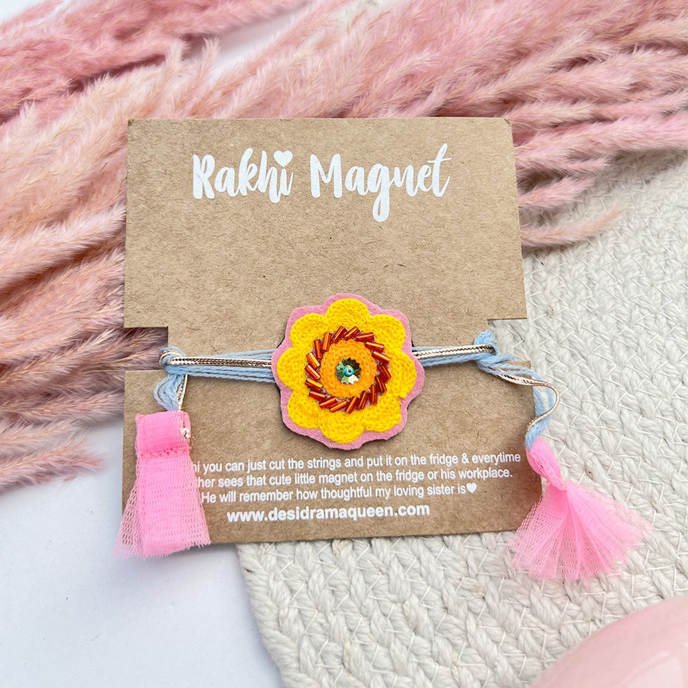 Embroidered Rakhi Magnet - yellow floral