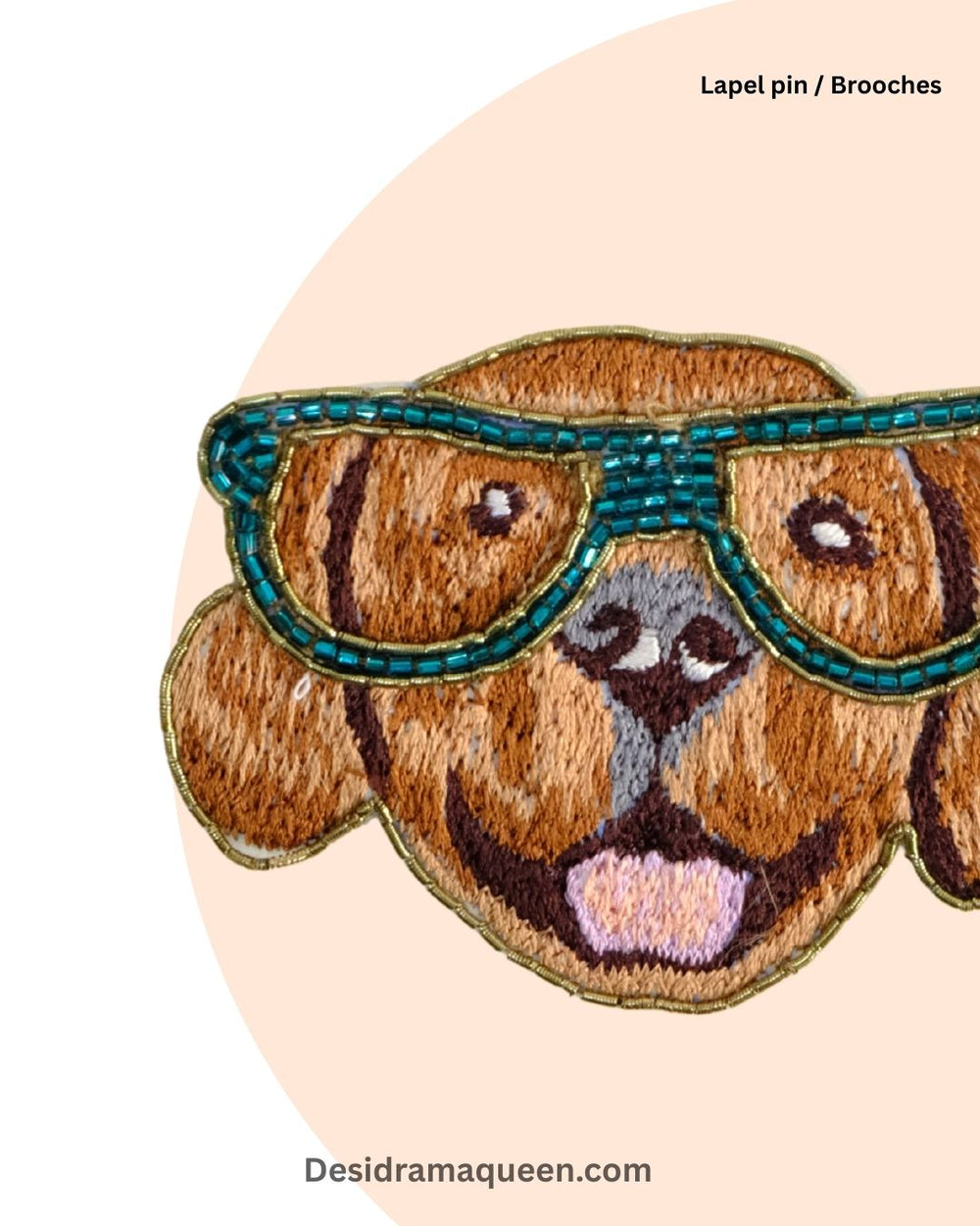 Handmade embroidered Labrador dog brooch with teal sunglasses, quirky beaded lapel pin for jackets, shirts, and bags.