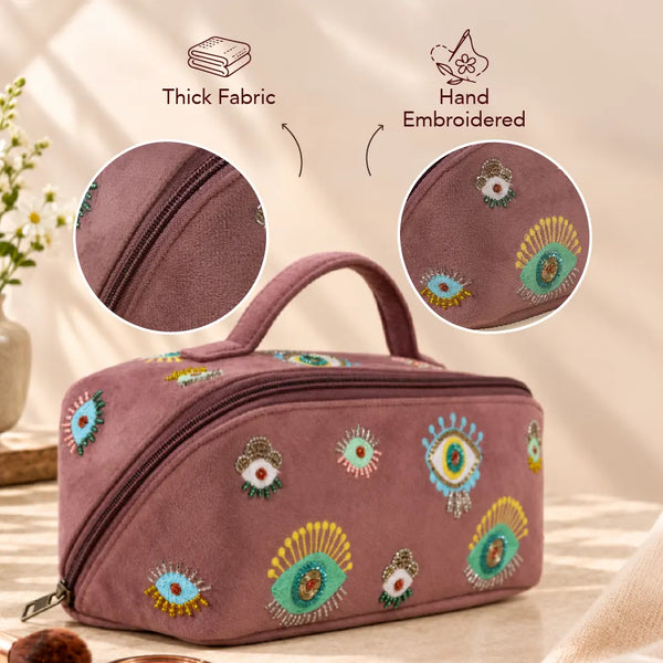 Peach Evil Eye Makeup Pouch – Soft Glam Travel Cosmetic Organize
