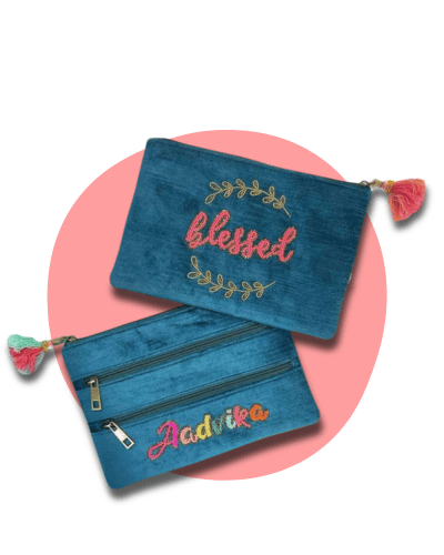 Personalized Namepouch Both Side Embroidered - Teal Velvet