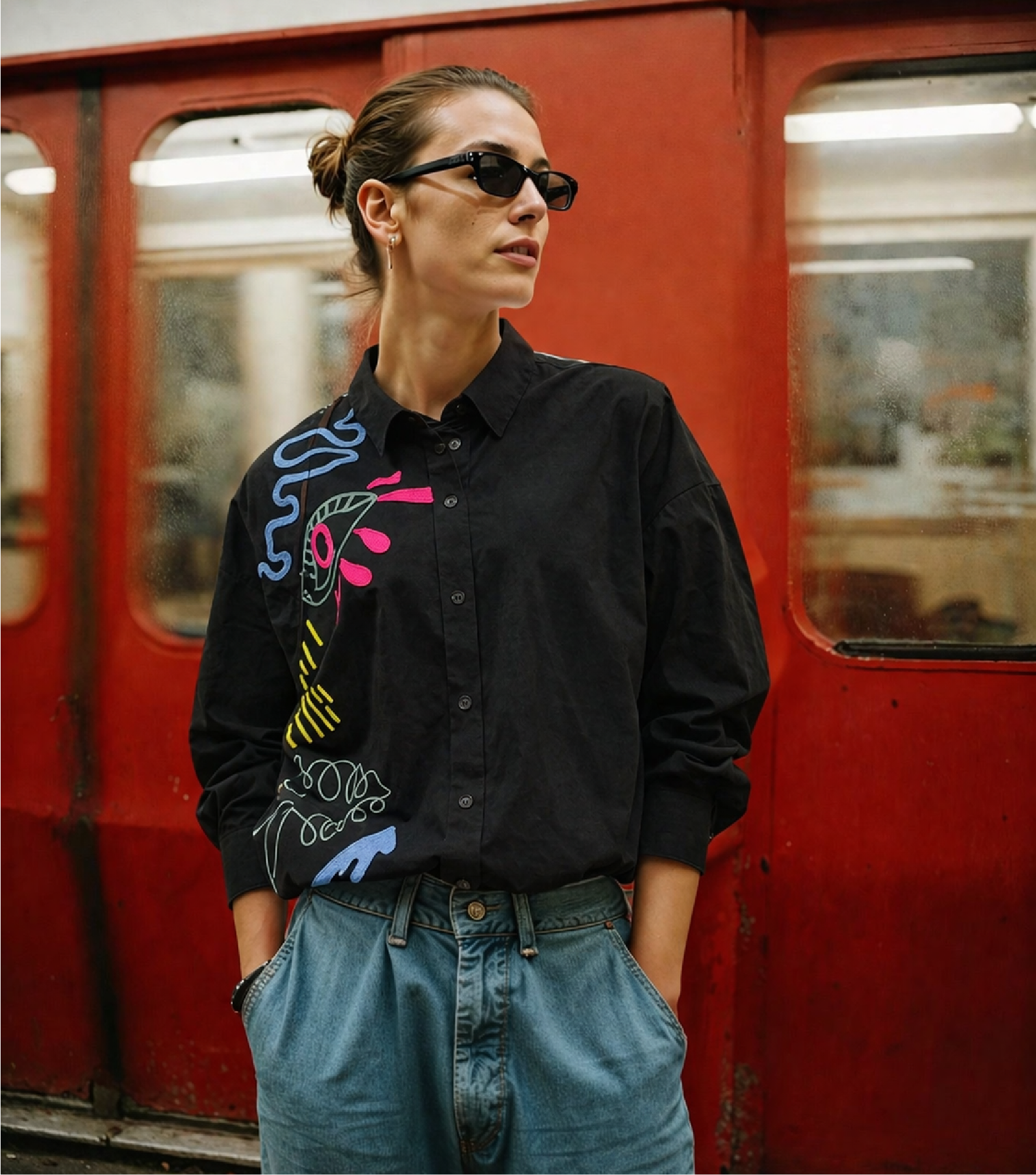 Person wearing a black shirt with colorful designs and sunglasses, standing in front of a red train.